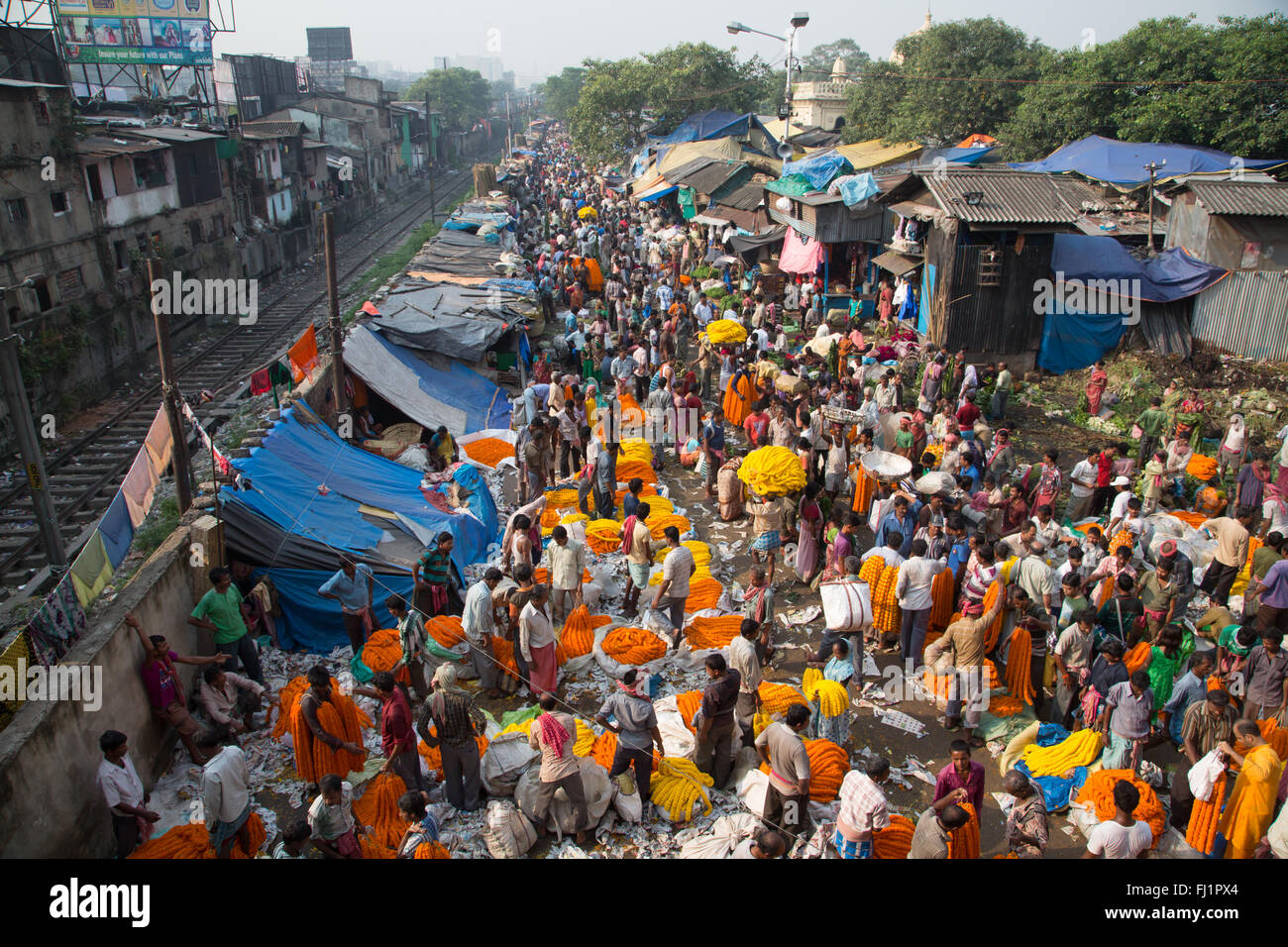Masse und Leute an den Kolkata Mullick ghat Blumenmarkt, Indien Stockfoto