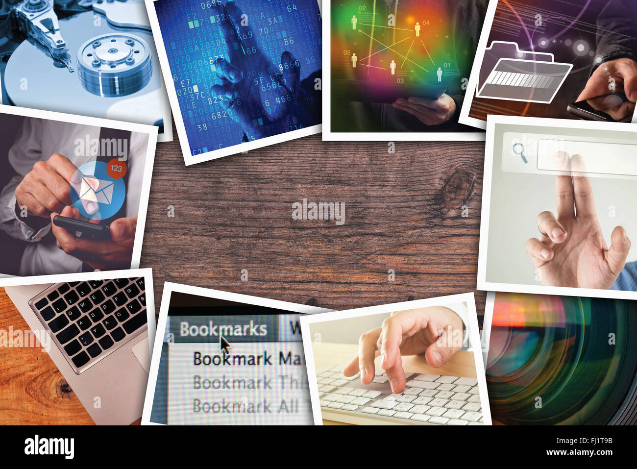 Moderne Computer-Technologie Foto-Collage, Stapel von Tech und Internet Themen Polaroid-Bilder auf Holz Schreibtisch Stockfoto