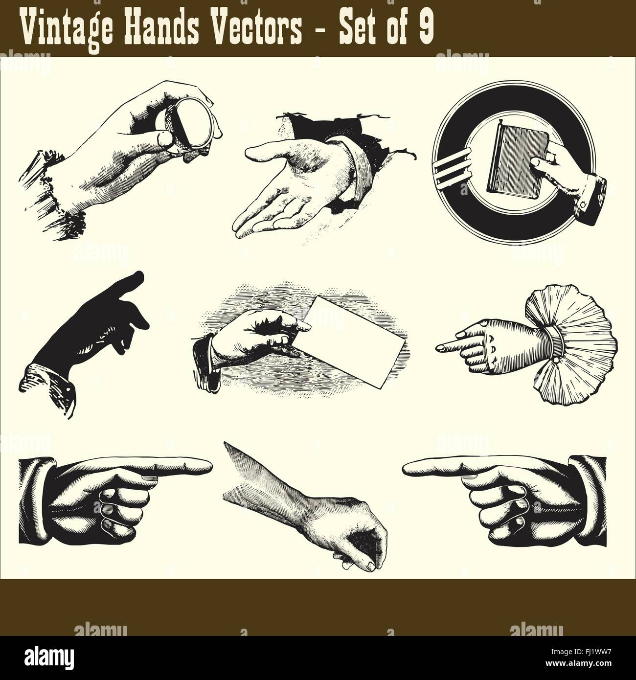Satz von 9 Vintage Hände-Vektor-Illustrationen Stock Vektor