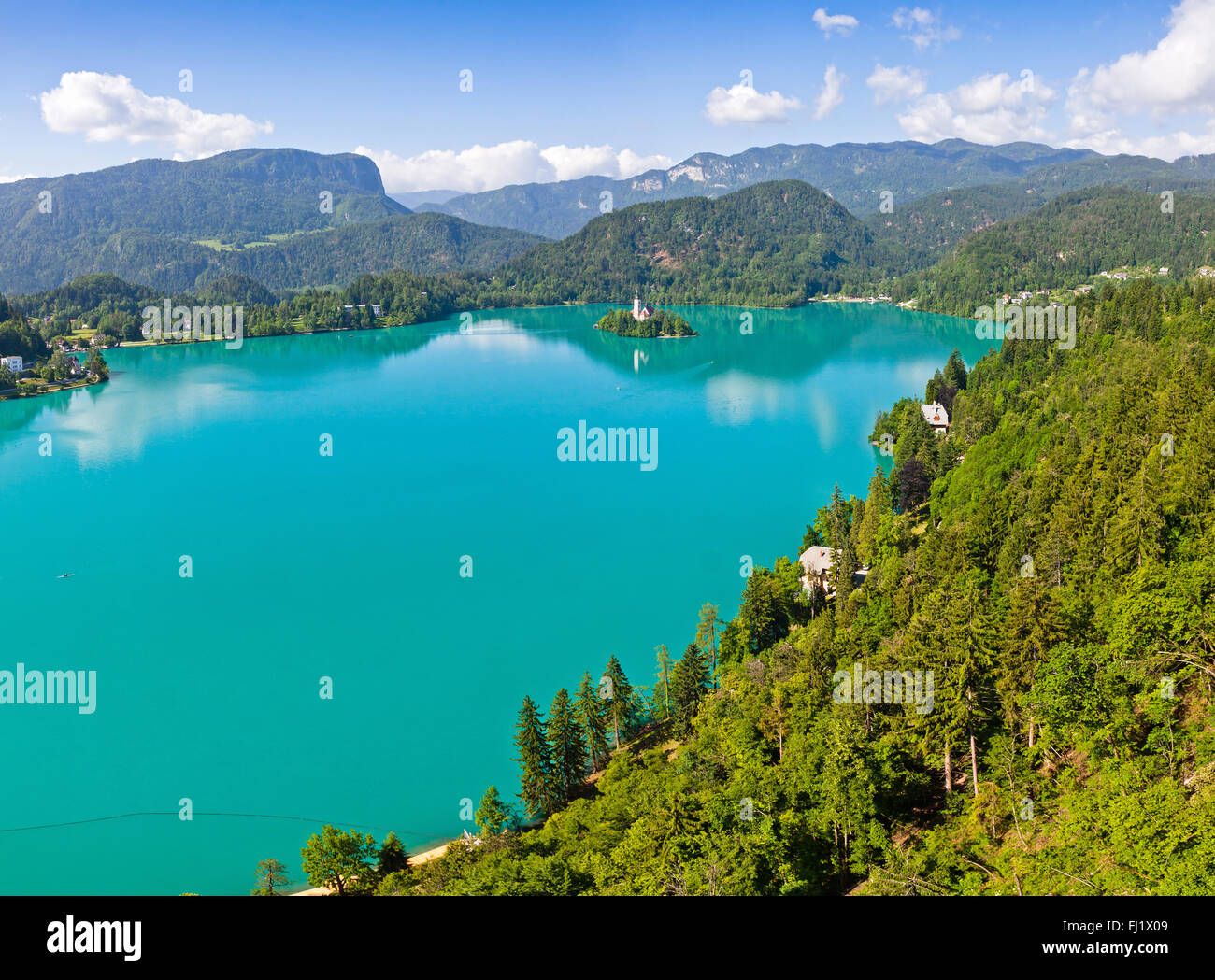Panoramische Luftaufnahme der Bleder See, Slowenien Stockfoto