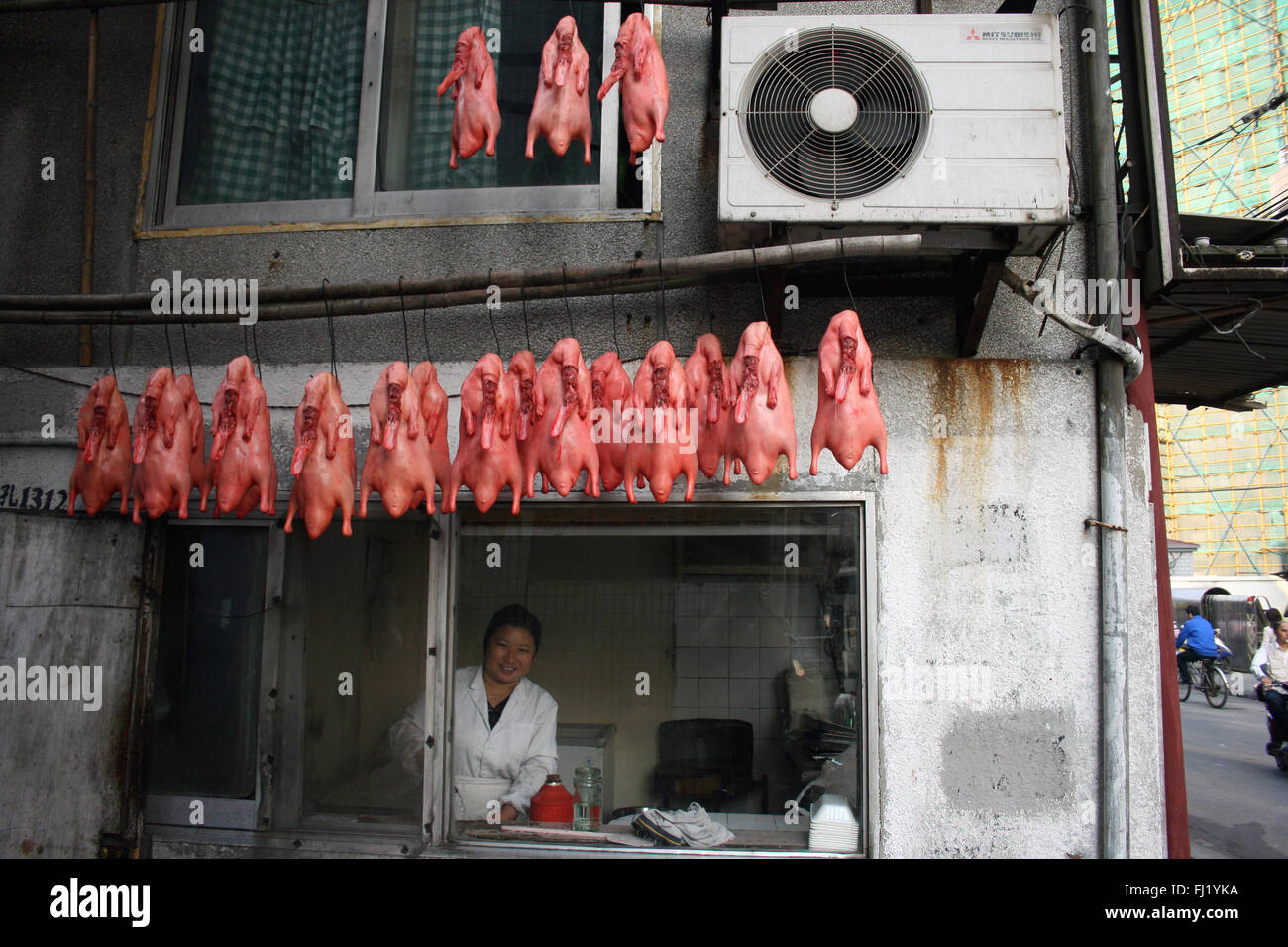 Frau enten Verkauf in Hutong, alten Gegend von Peking, China Stockfoto