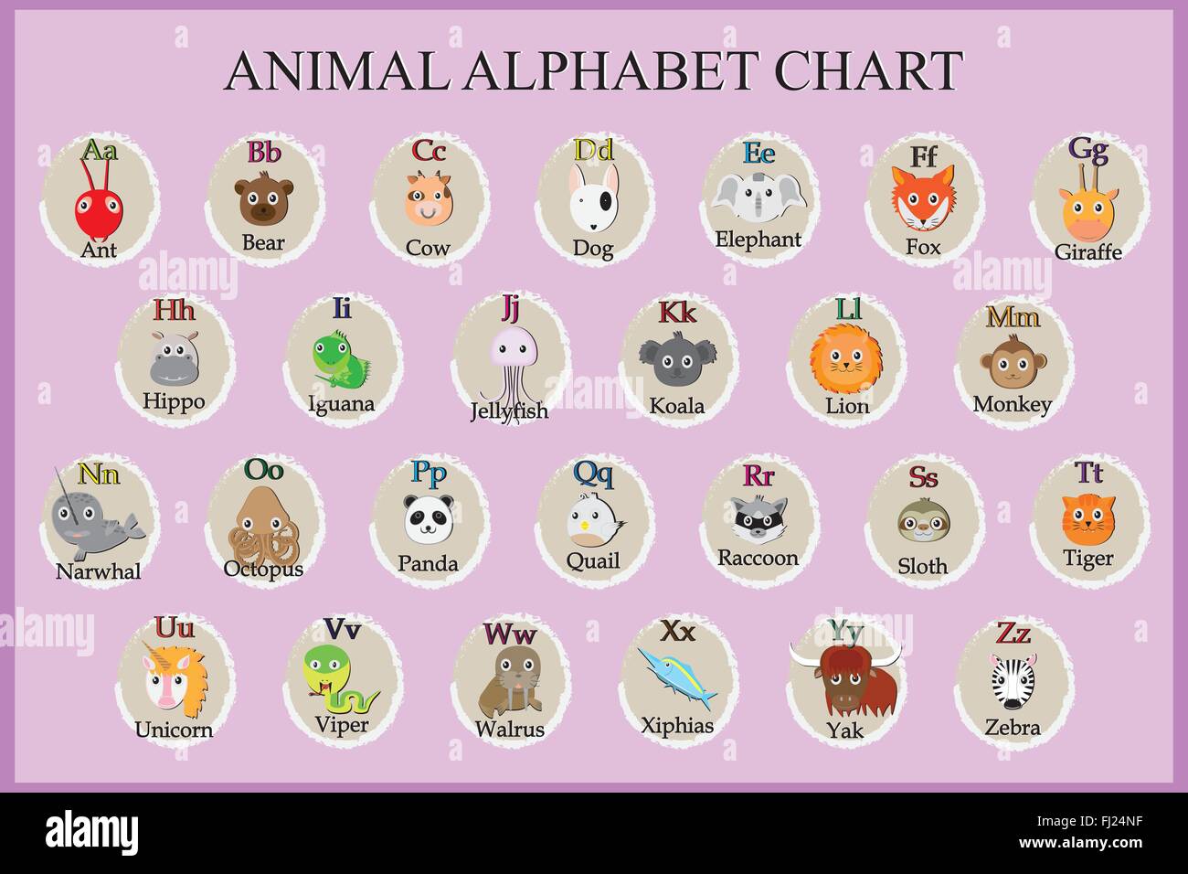 Niedliche Tier-Alphabet. Lustige Comic-Figur. A, B, C, D, E, F, G, H, I, J, K, L, M, N, O, P, Q, R, S, T, U, V, W, X, Y, Z Stock Vektor