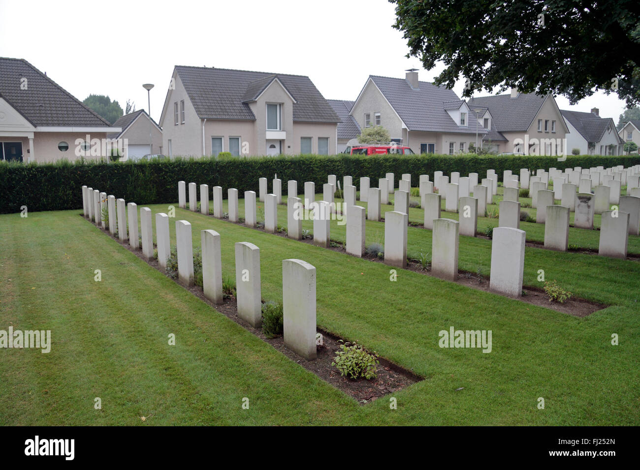 Linien von Grabsteinen in der CWGC Nederweert Soldatenfriedhof, Nederweert, Limburg, Niederlande. Stockfoto