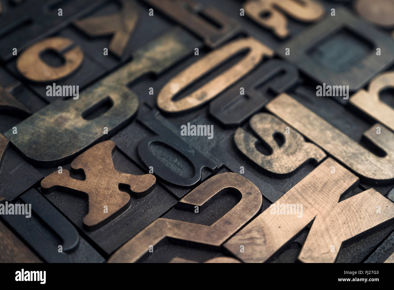 Sammlung von verschiedenen Holzart Buchstaben für den Druck mit selektiven Fokus Stockfoto