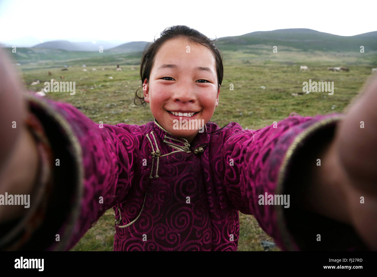 Happy Tsaatan Mädchen,, Tsaatan Dukha, nomadischen Rentier Hirten, Mongolei Stockfoto