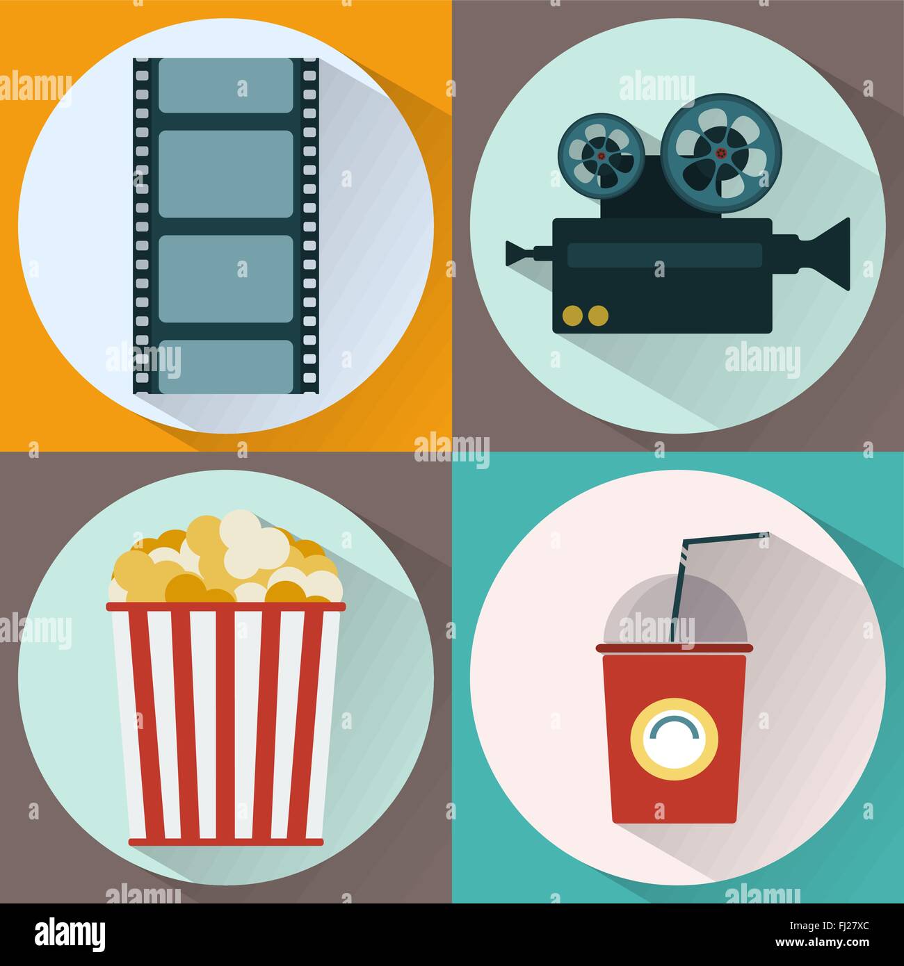 Kino-Icon-Set. Film ansehen. Filmstreifen, Filmrolle, Kamera, Popcorn, Papier-Cocktailglas mit Schlauch. Digitalen Hintergrund. Stock Vektor