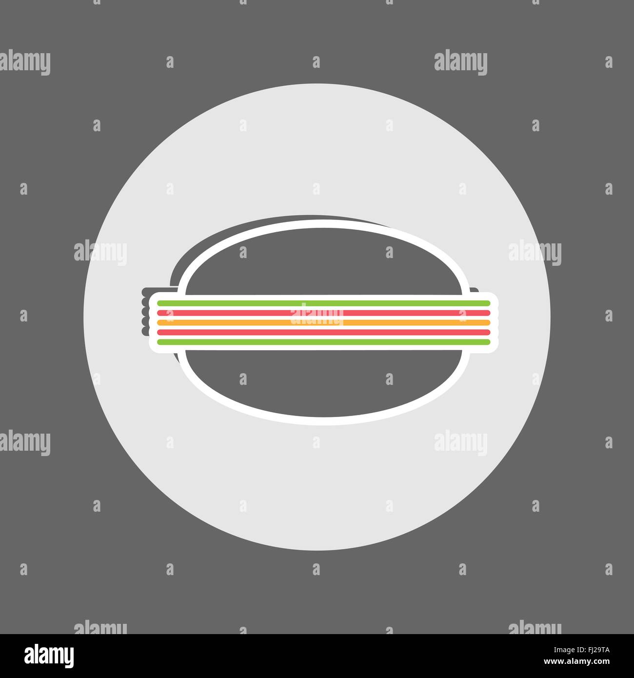Cheeseburger flachen runden Schild. Brötchen mit Salatblättern, Schinken und Käse. Großen leckeren bunten Snack. Digitale Vektor-Illustration. Stock Vektor