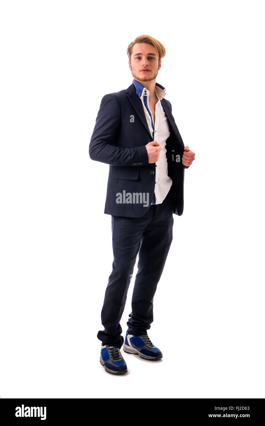 Porträt der schönen blonden Jüngling, blaue Augen, isoliert auf weiss Stockfoto