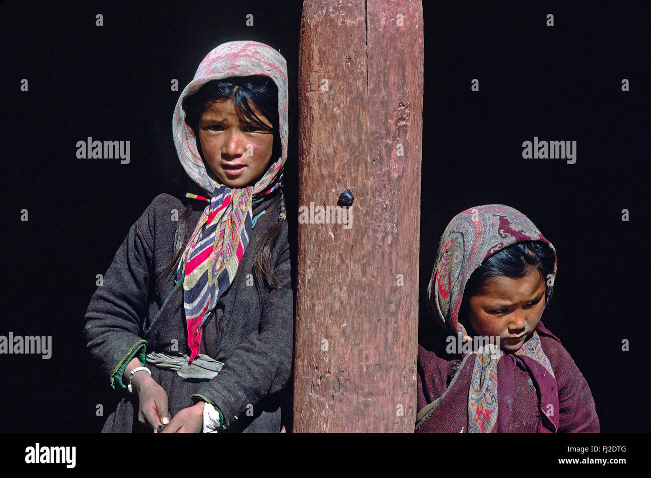 YOUNG LADAKHI Dorf Mädchen tragen Kopftücher, HEMIS GOMPA (Kloster) - LADAKH, Indien Stockfoto