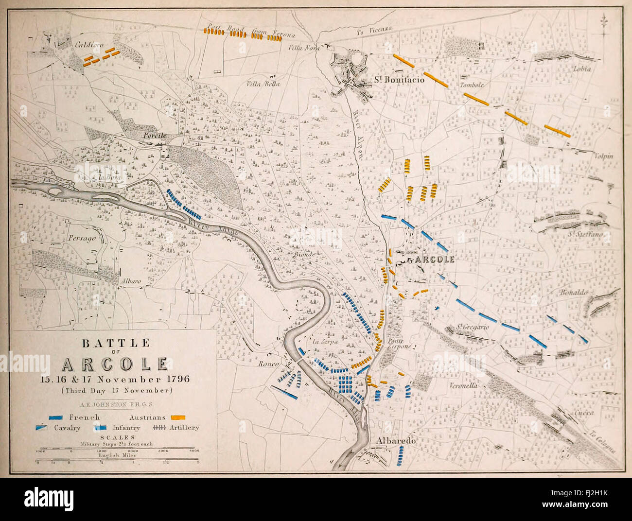 Karte der Schlacht von Arcole, November 15, 16, 17 1796 Stockfoto