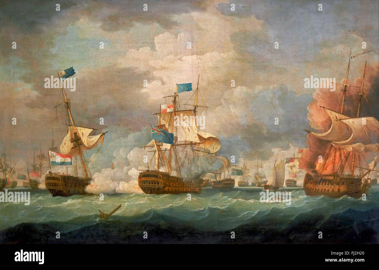 Die Schlacht von Camperdown, 11. Oktober 1797, Thomas Whitcombe, 1798. Das Gemälde zeigt das britische Flaggschiff, die, das ehrwürdige engagiert, mit dem niederländischen Flaggschiff hat. Stockfoto