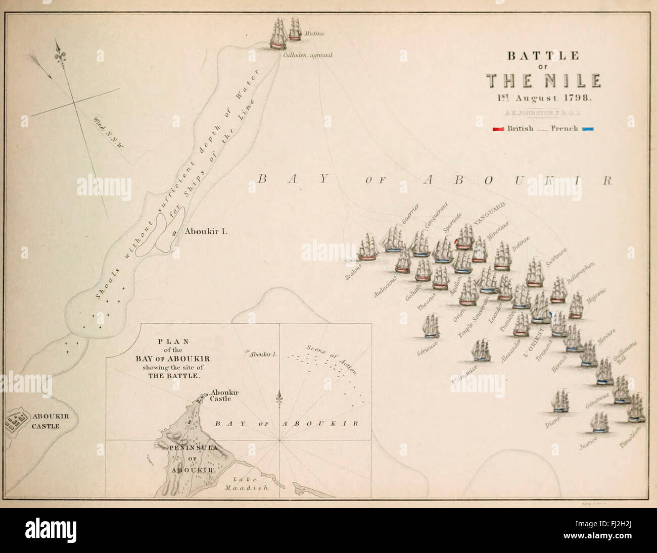 Die Schlacht am Nil wurde in Aboukir Bucht in der Nähe von Alexandria, Ägypten, am 1. und 2. August 1798 gekämpft. Die britische Flotte stand unter dem Kommando von Rear Admiral Horatio Nelson und die französische Flotte unter Admiral Paul D'Brueys. Stockfoto