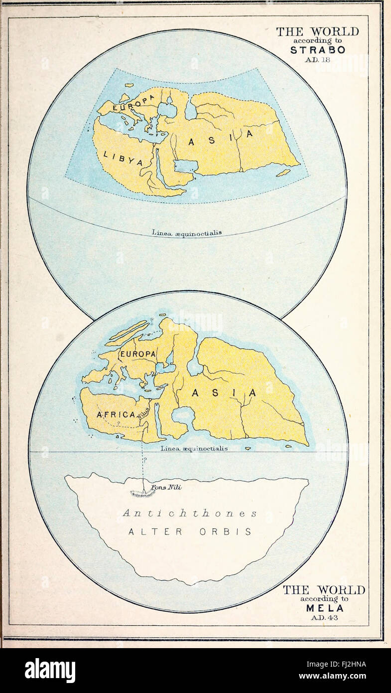 Karte von The World entsprechend Strabo, AD 18 und der Welt nach Mela, AD-43 Stockfoto