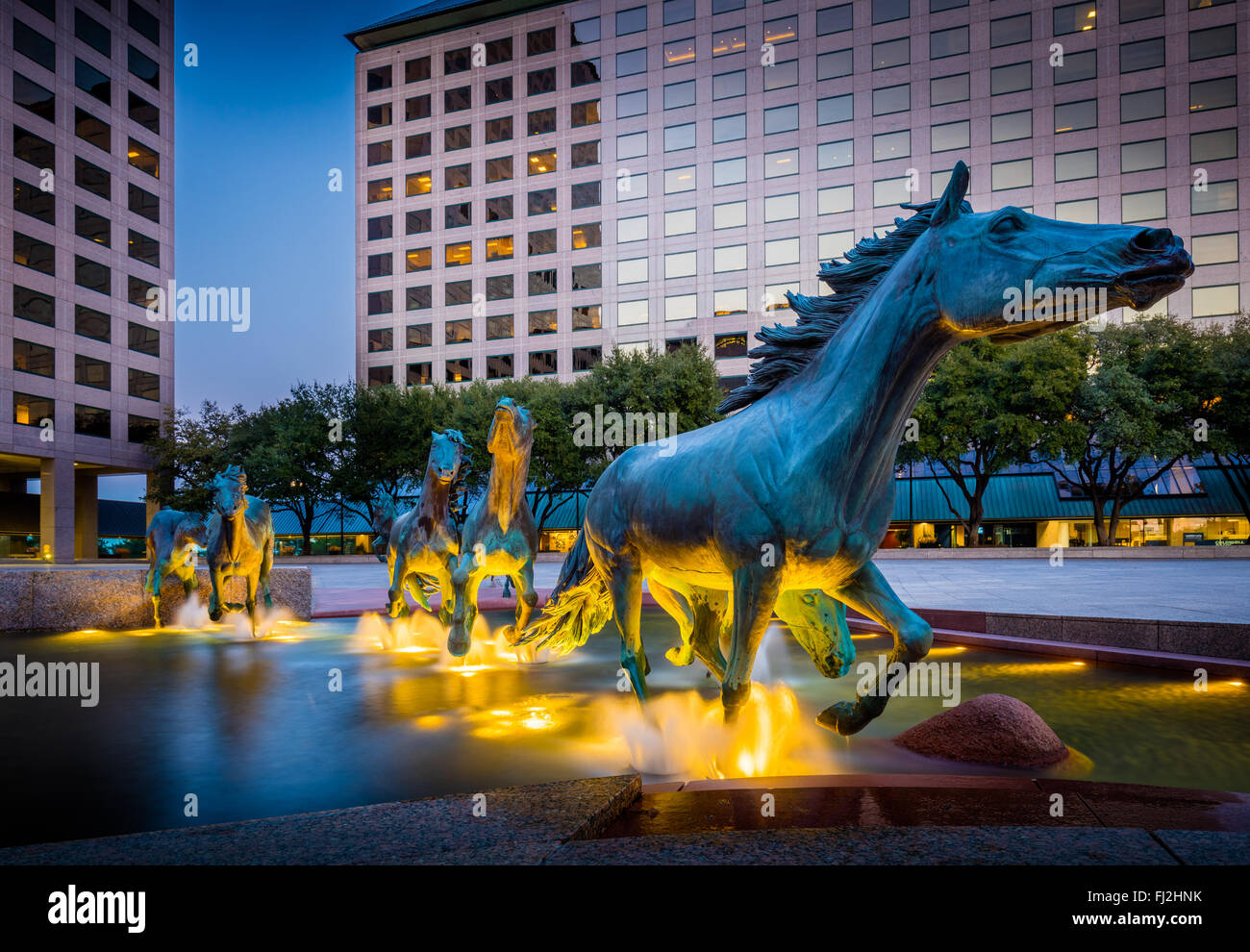 Mustangs in Las Colinas ist eine Bronze-Skulptur von Robert Glen, das Williams Square in Las Colinas in Irving, Texas schmückt. Stockfoto