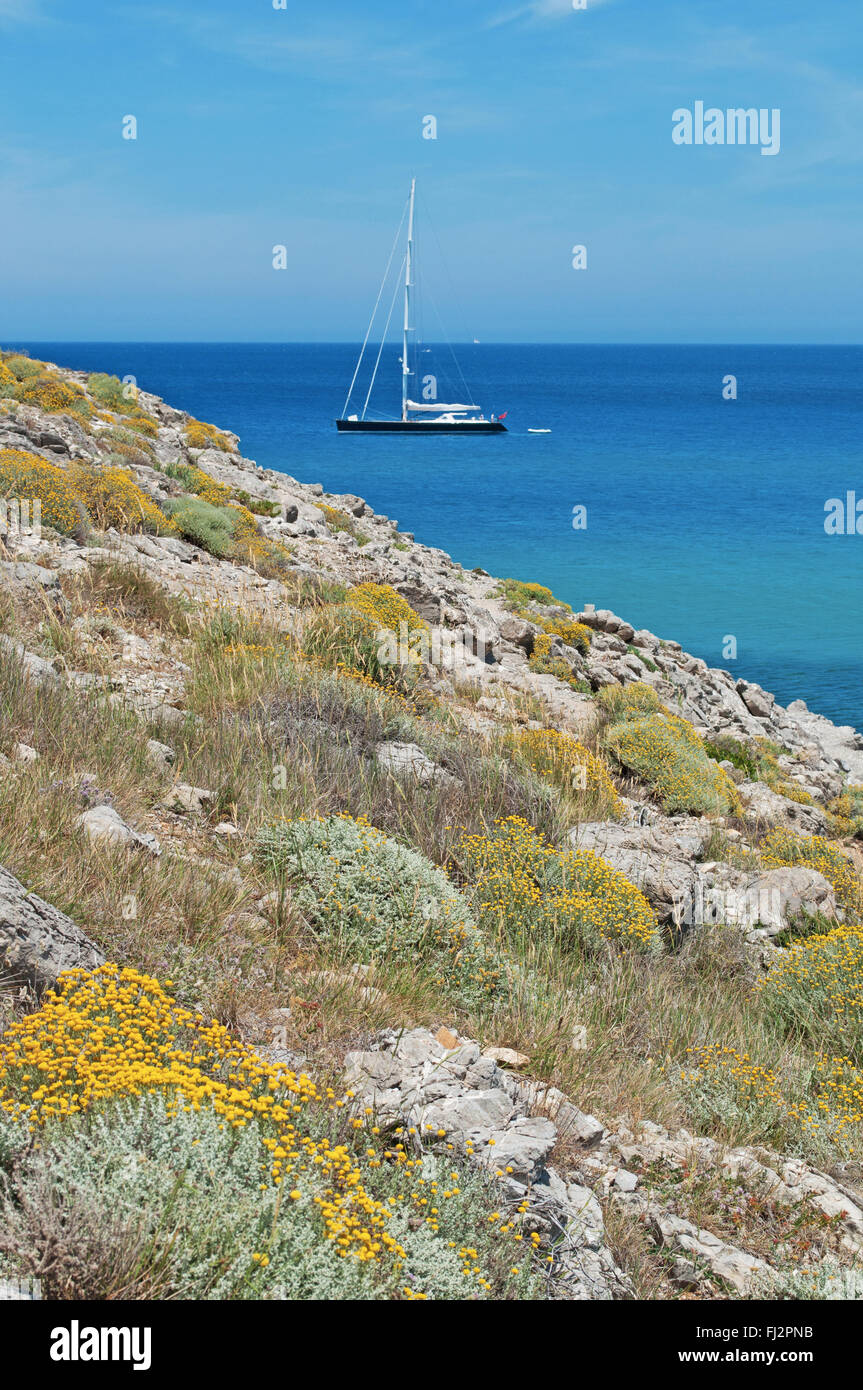 Mallorca, Balearen, Spanien: ein Segelboot und die mediterrane Macchia in Cala Torta, Fernbedienung und unbevölkerten Strand im Nordosten der Insel Stockfoto