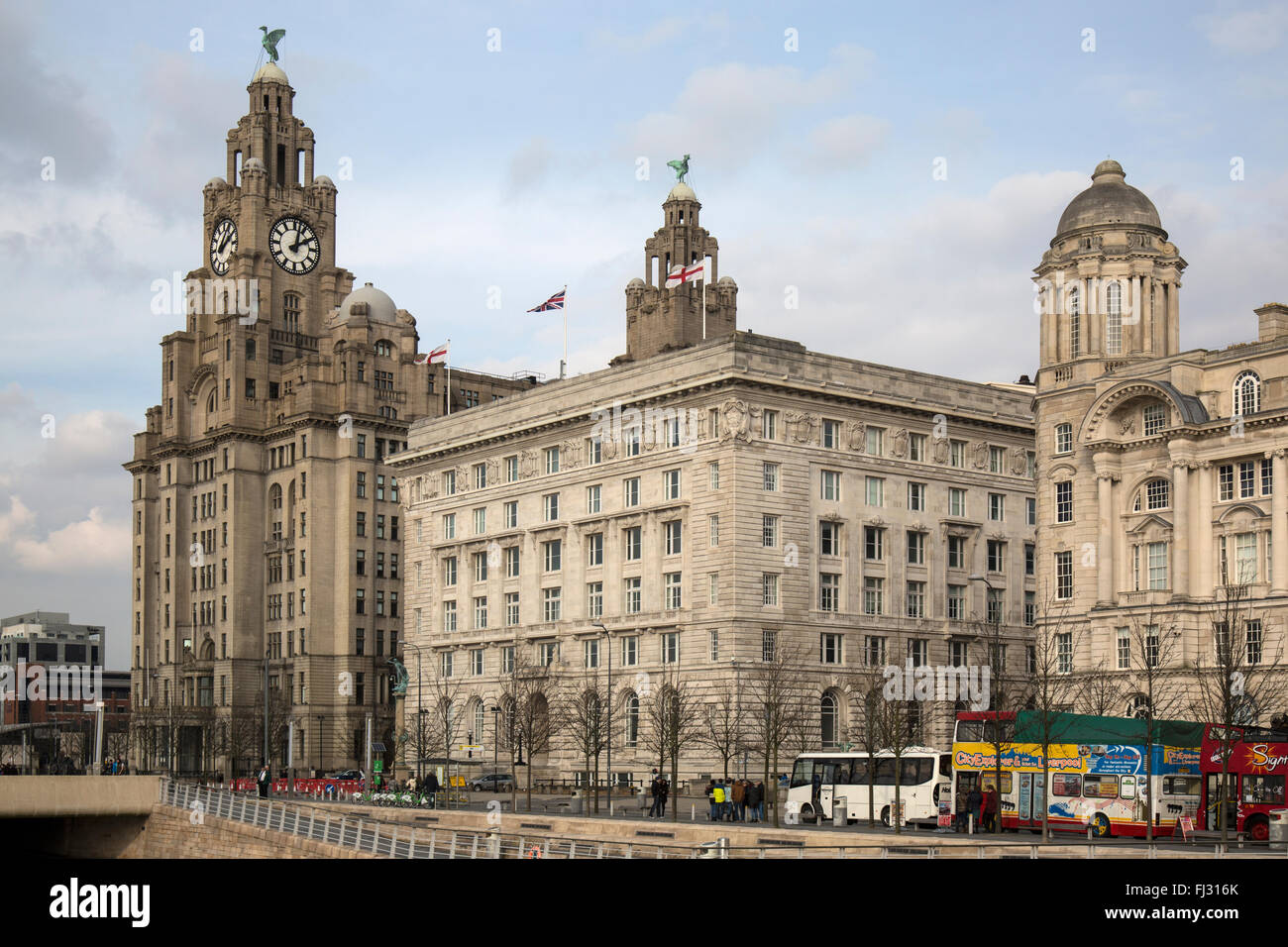 Das Royal Liver Building in Liverpool, England, mit der Cunard Gebäude neben. Stockfoto