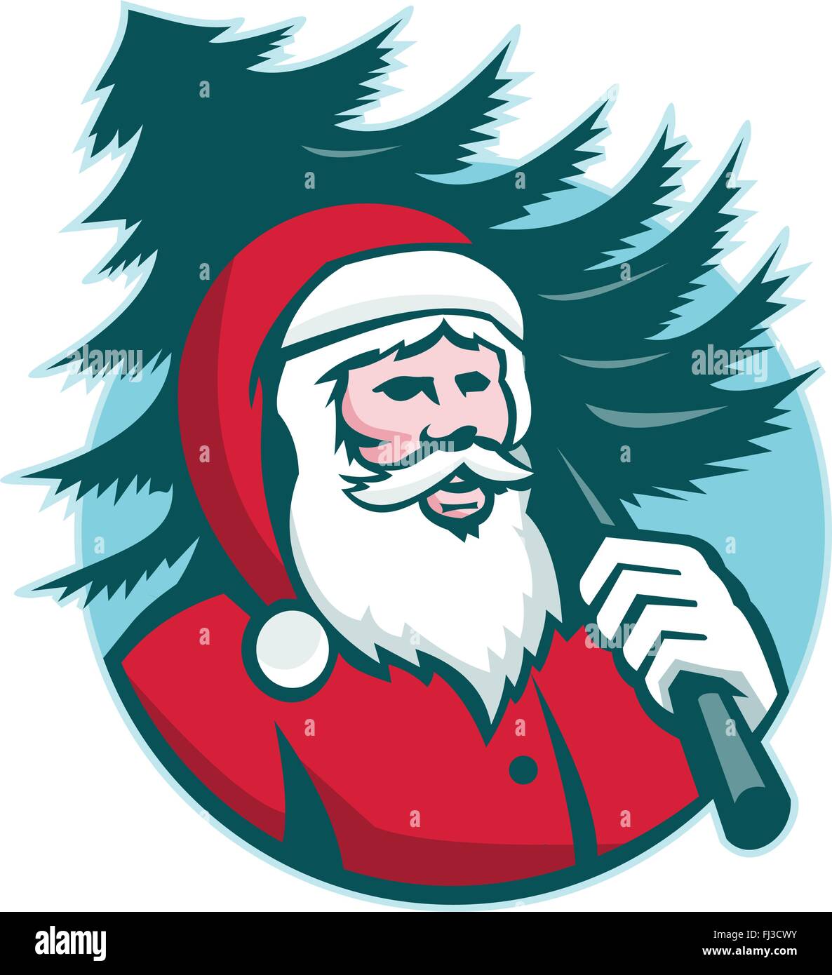 Illustration von Santa Claus Kris Kringle tragen einen Weihnachtsbaum mit Blick auf die vordere Reihe im inneren Kreis im retro-Stil auf isolierten weißen Hintergrund getan. Stock Vektor