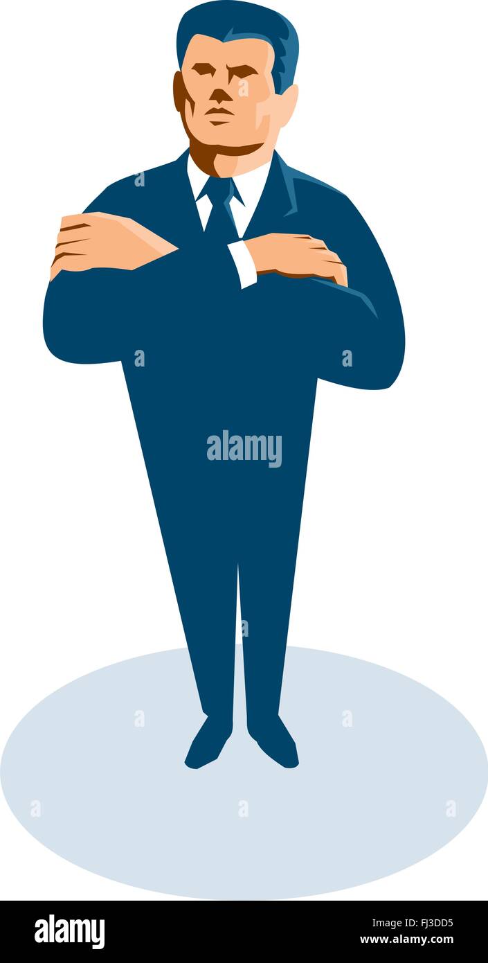 Vektor-Illustration ein Geschäftsmann Geheimagent Arme stehend mit gekreuzten Vorderseite betrachtet aus hohen Winkel in Retro-Art-deco-Stil gestaltet. Stock Vektor