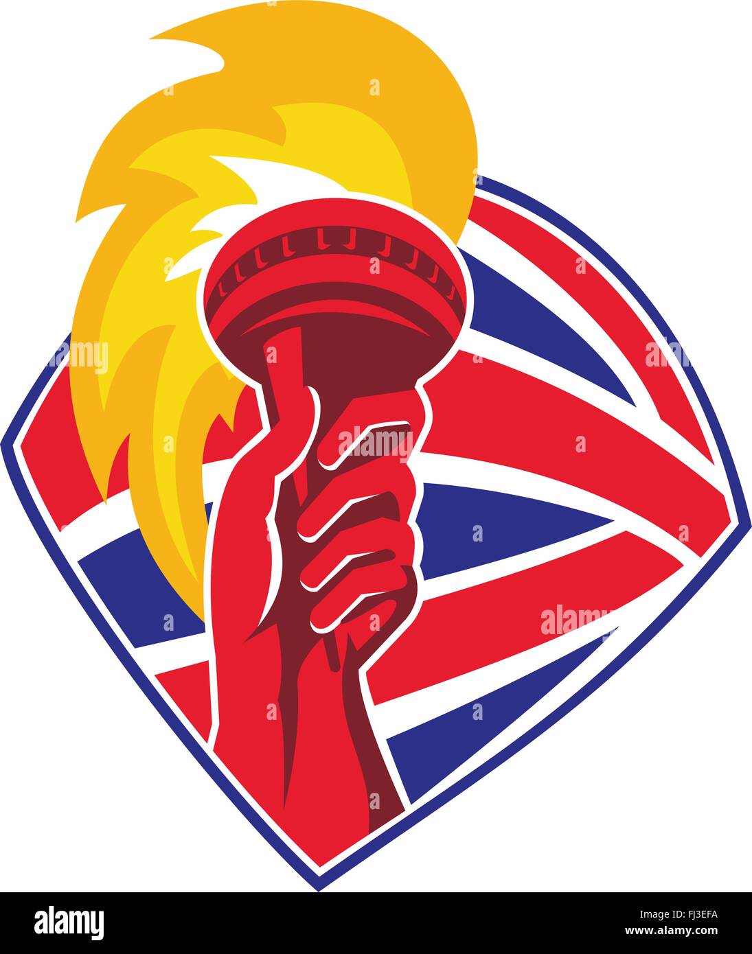 Vektor-Illustration eine Hand halten brennende Fackel im Inneren Schild mit Großbritannien britische Flagge im Hintergrund getan im retro-Stil. Stock Vektor