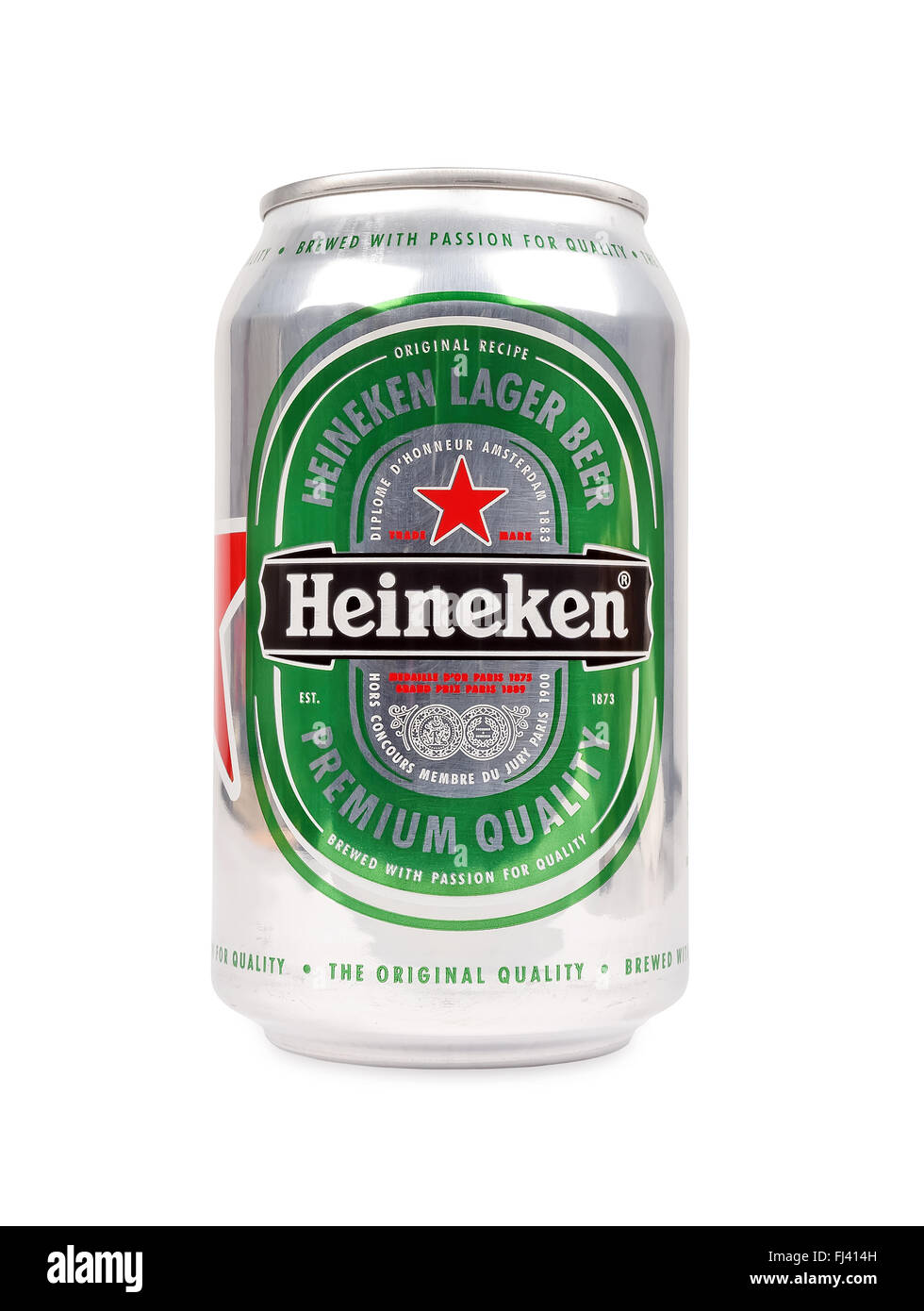 Heineken Beer auf weißem Hintergrund mit Beschneidungspfad. Stockfoto