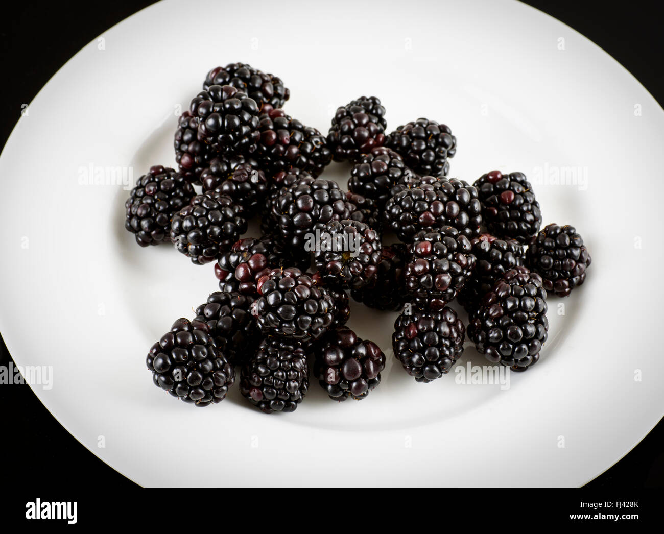 Frische Brombeeren auf einem weißen Teller Stockfoto