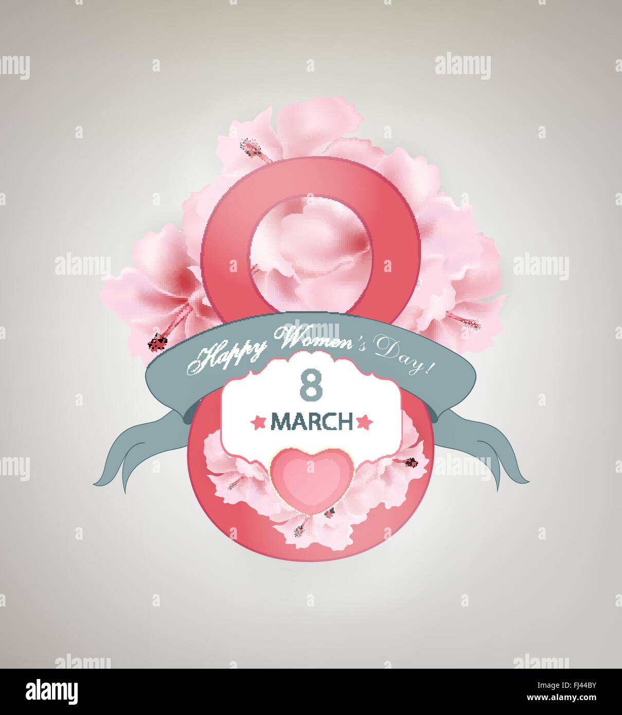 Glückliche Frauen Tag Hintergrund mit Blumen, Band, Titel Aufschrift und Herzen Stock Vektor