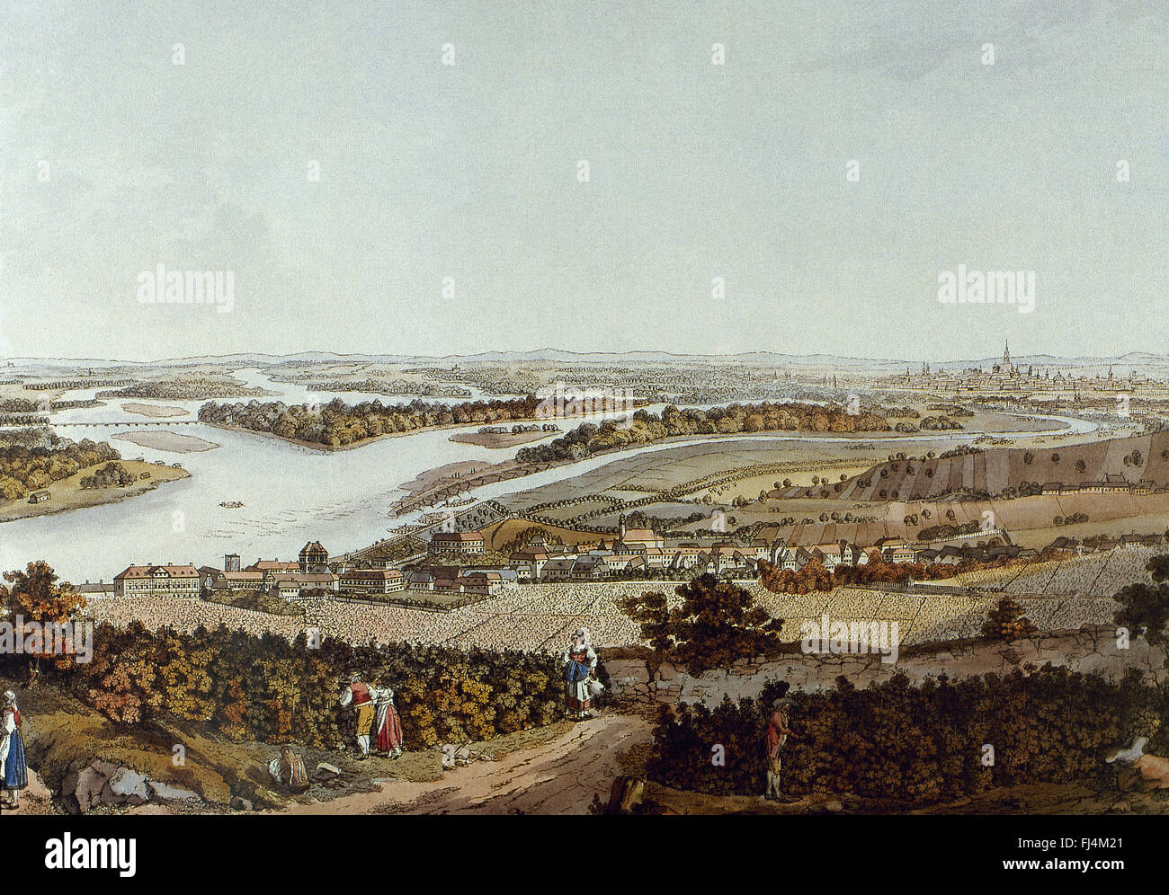 Österreich. Die Donau und die Stadt Nußdorf. Auf der zweiten Ebene, der Stadt Wien (c. 1792). Farbiger Kupferstich von Josef und Peter Schaffer (1780-1810). Stockfoto