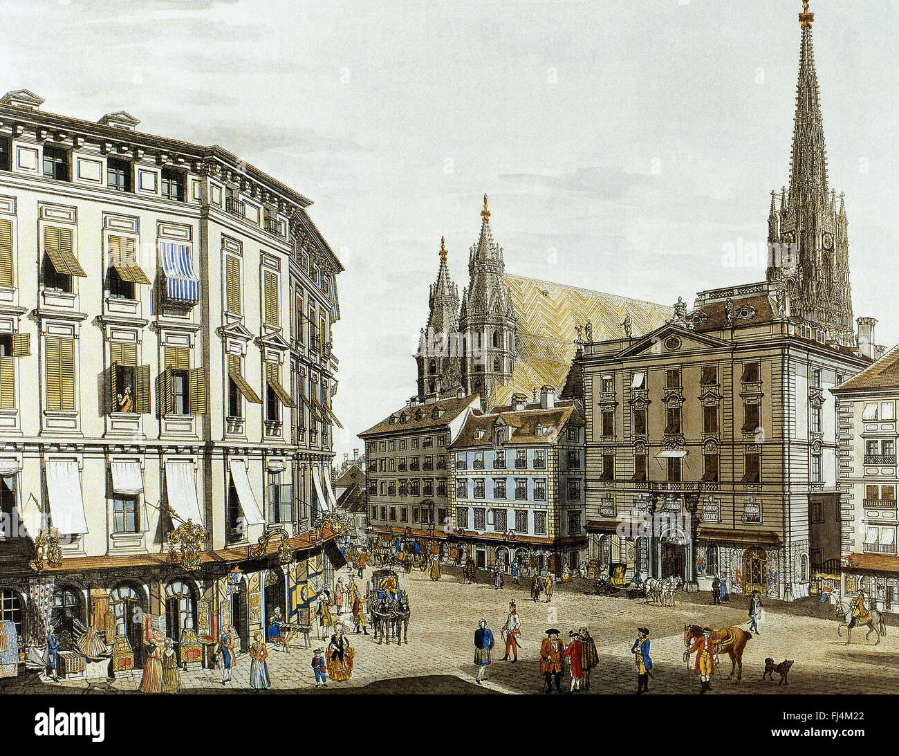 Österreich. Wien. Lager Am Eisen Platz neben Stephansdom (1779). Farbiger Kupferstich von Carl Schütz. Stockfoto