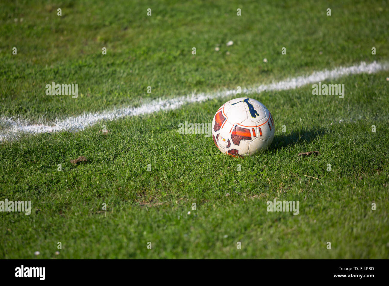 Weiße Fußball auf einem grünen Rasen-Fußballplatz mit einem weißen Markierungslinie Stockfoto