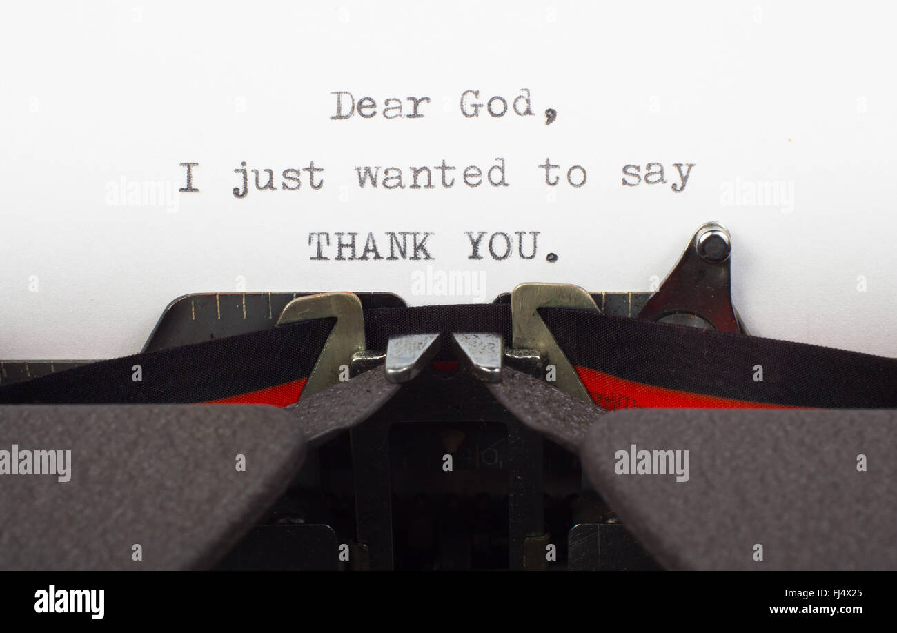 Worte "Thank You" zu Gott auf alten Schreibmaschine. Brief an Gott. Stockfoto