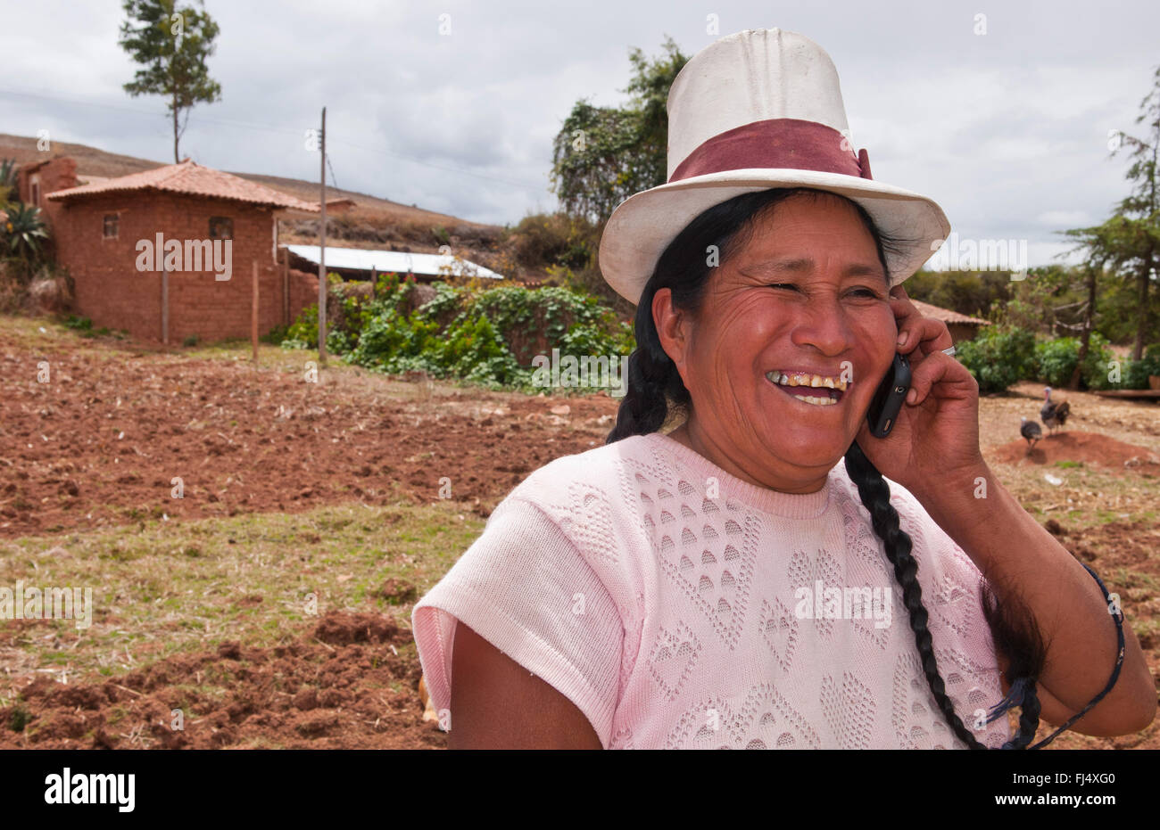 fröhlich sucht weibliche peruanischen Telefonieren in einem Feld, Porträt, Peru, Chinchero Stockfoto