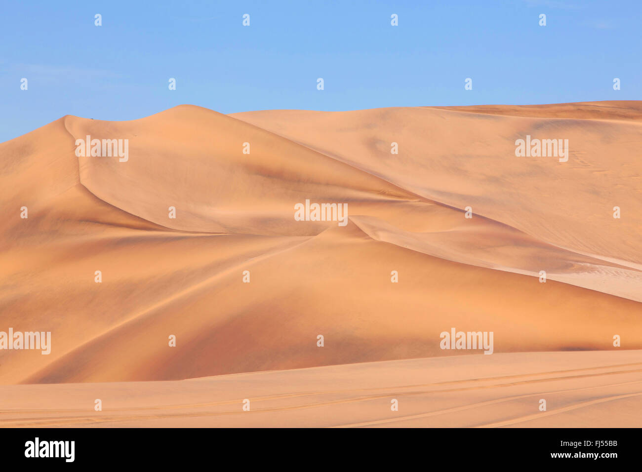 gelb-braune Erz-Lager wechselnden Sanddüne nahe Swakopmund und blauer Himmel, Namibia, Dorob National Park, Swakopmund Stockfoto