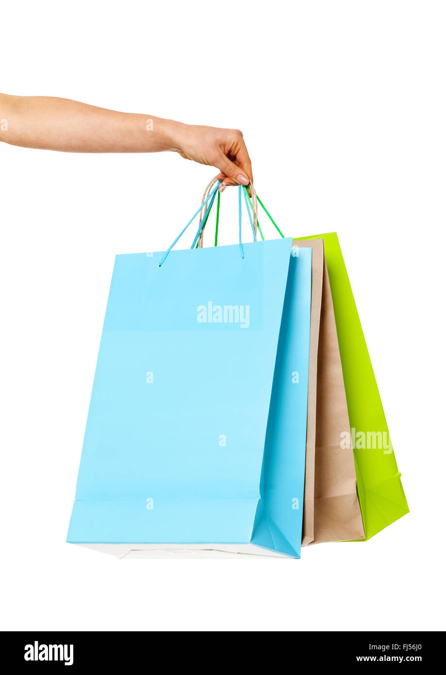 Nahaufnahme der Womans Hand mit Einkaufstüten isoliert auf weißem Hintergrund. -Shopping-Konzept. Stockfoto