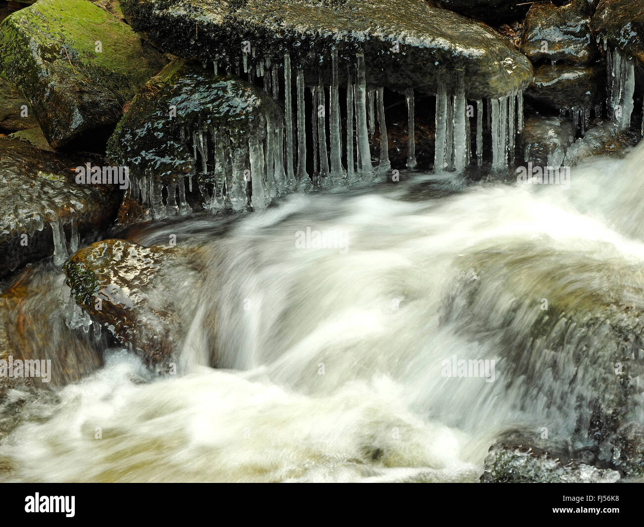 fließendes Wasser in rocky Creek Einfrieren, Schwarzwassertal, Erzgebirge, Sachsen, Deutschland Stockfoto