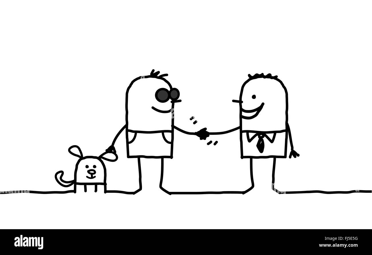 handgezeichnete Cartoon-Figuren - blinder Mann schüttelte Hand mit freundlichen Menschen Stockfoto