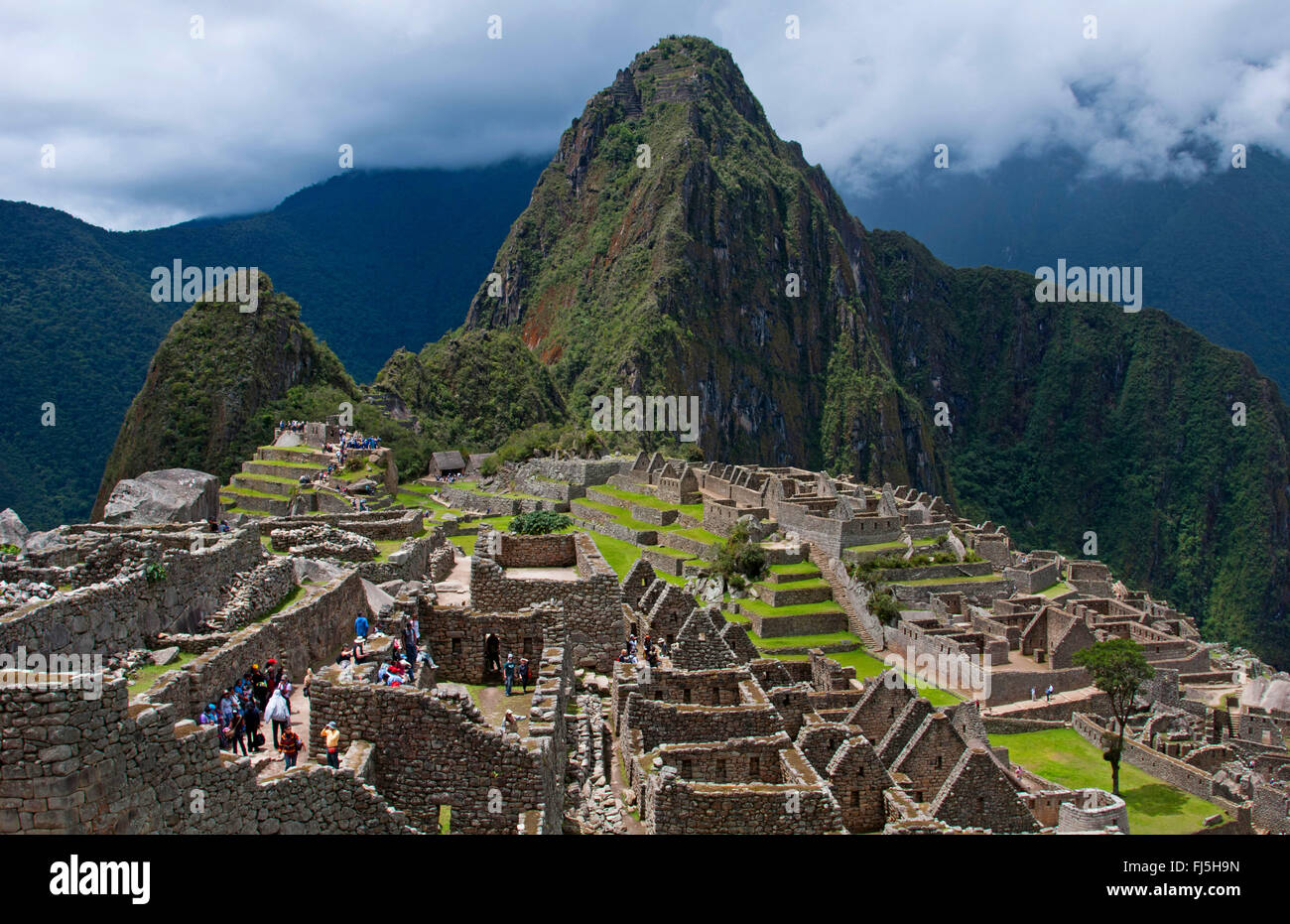 Machu Picchu, die berühmten Ruinen von oben in Peru aus der Inka-Geschichte, Peru Stockfoto