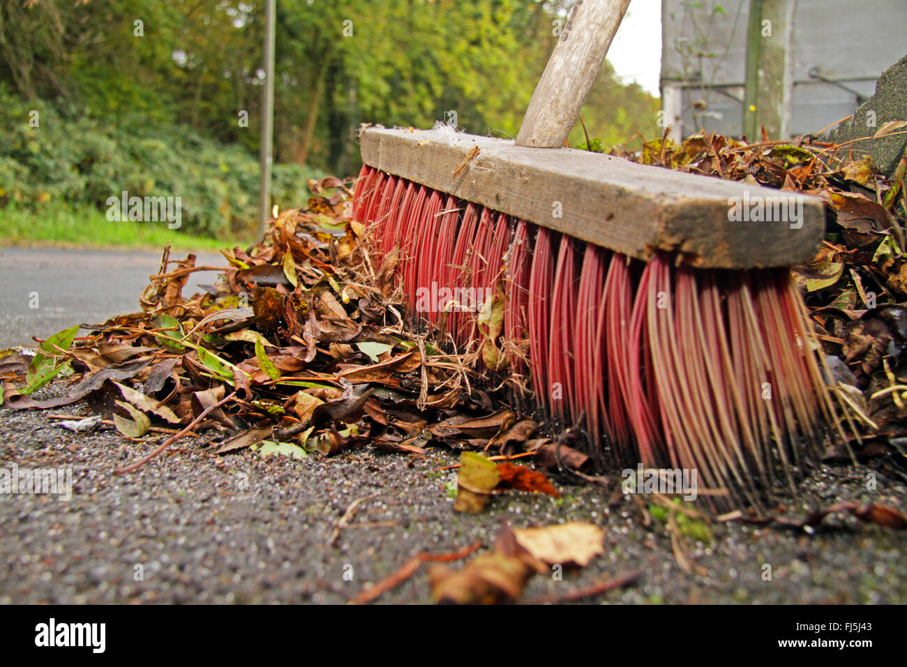 Straße Besen für fegt Blätter, Deutschland Stockfoto