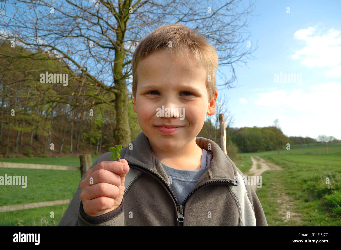 kleiner Junge mit vierblättrigen Klee in der Hand, Porträt eines Kindes, Deutschland Stockfoto