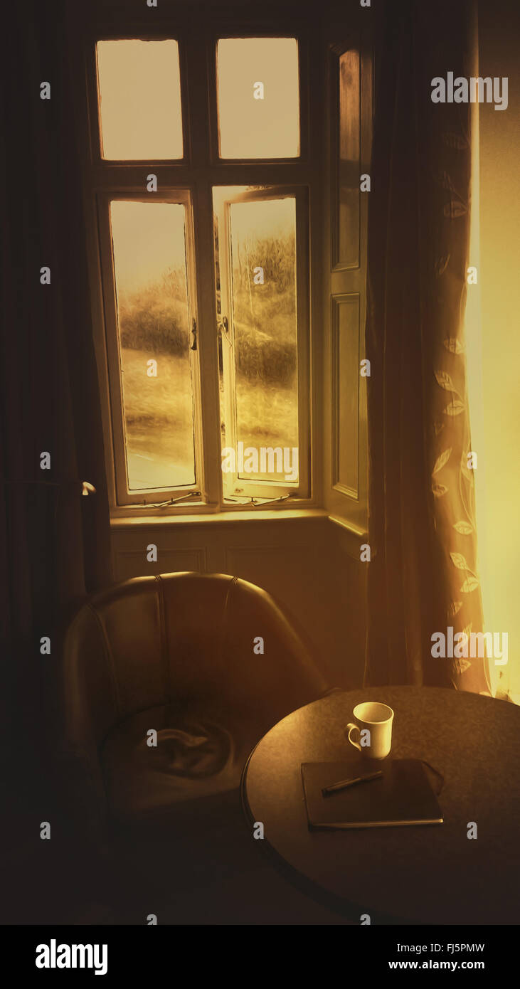 Schriftsteller Zimmer mit Tasse, Skizzenbuch auf dem hölzernen Tisch, Sessel Stockfoto