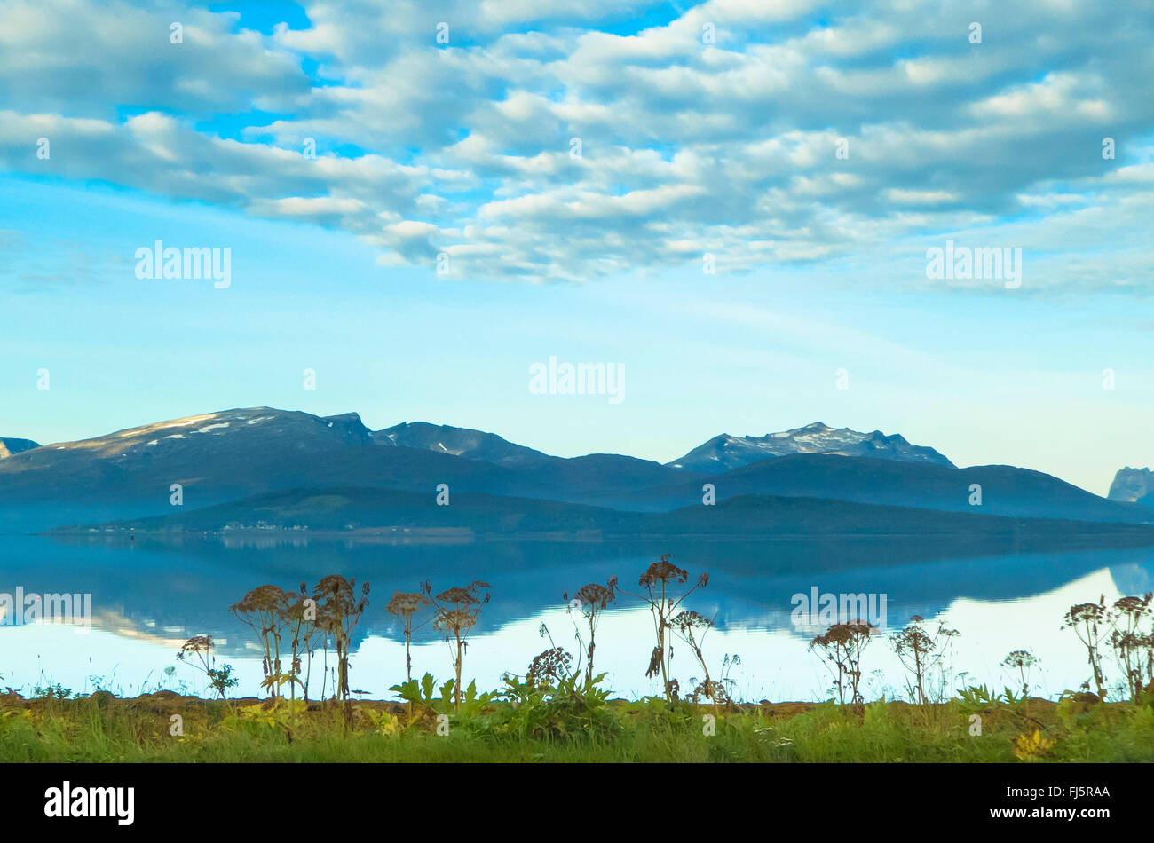 Küstenlandschaft der Tromsoe an Ruhe, Troms, Kvaloeya, Tromsø, Norwegen Stockfoto