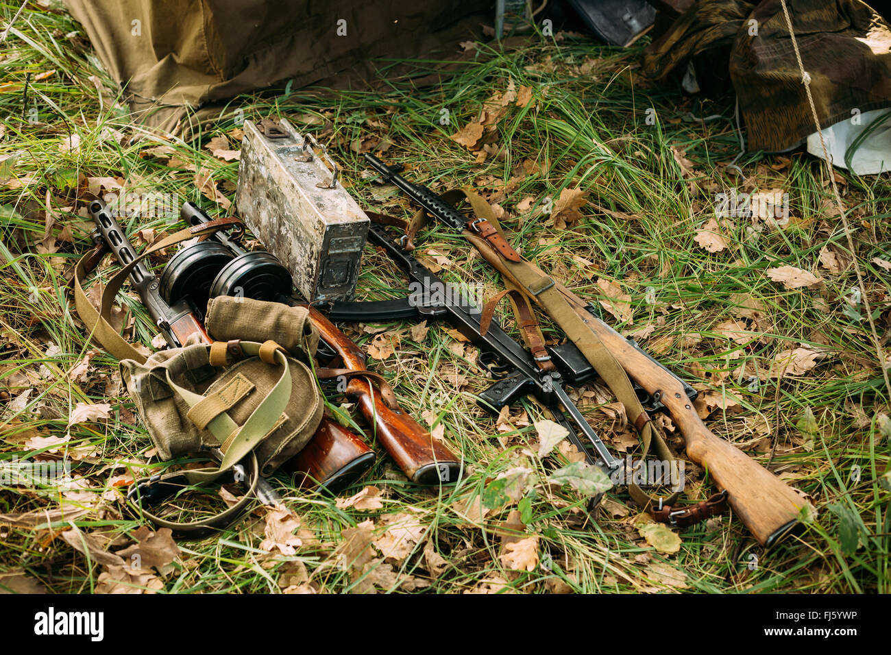 Deutsche und sowjetische russische militärische Munition Waffe des zweiten Weltkrieges auf Waldboden Stockfoto