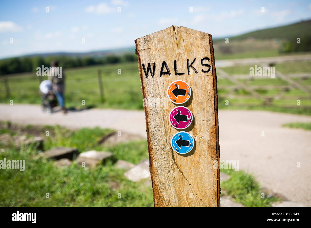 Eine Frau kommt an einem sonnigen Tag Vergangenheit ein Holzschild für Spaziergänge im Peak District. Stockfoto