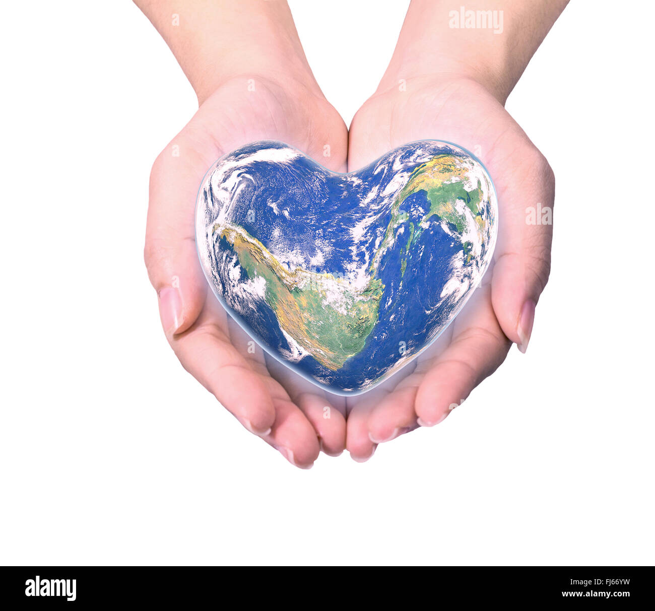 Blauer Planet in Herzform über Frau Menschenhand isoliert auf weißem Hintergrund: Welt Herz Tag Idee symbolischen Konzept Kampagne t Stockfoto