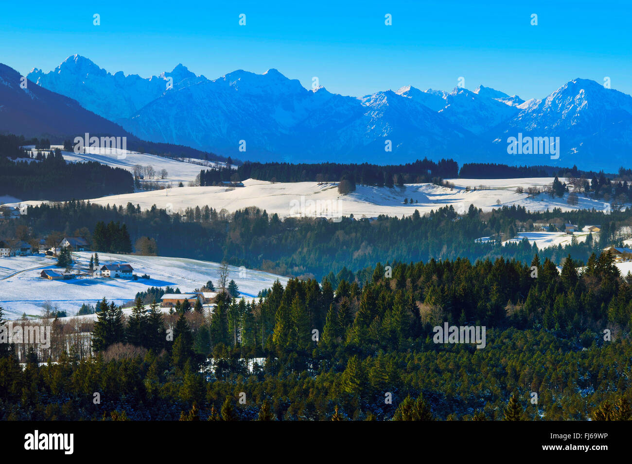 Blick in der Nähe von Geigersau über Eckberg (links) auf die Allgäuer Alpen, Deutschland, Bayern, Oberbayern, Oberbayern Stockfoto