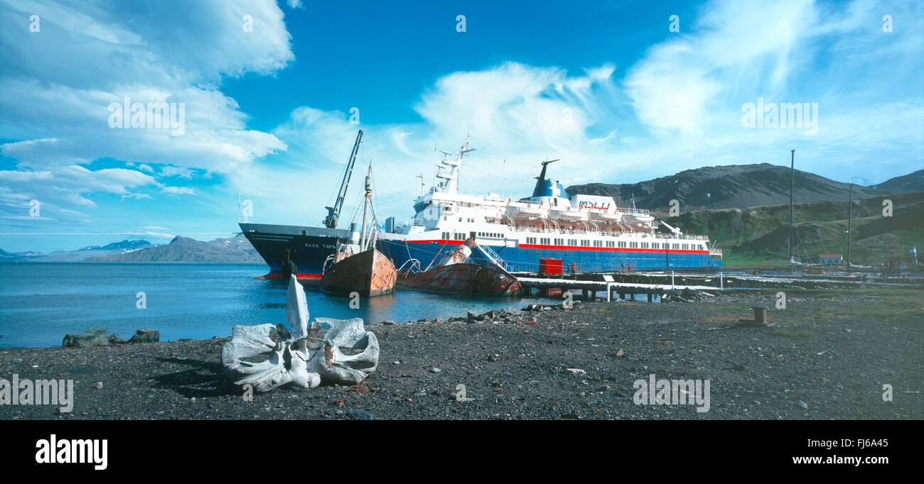 Kreuzfahrtschiff Sea Abenteurer an der Pier des ehemaligen Walfang Basis Grytviken, Subantarktis, Suedgeorgien Grytviken Stockfoto