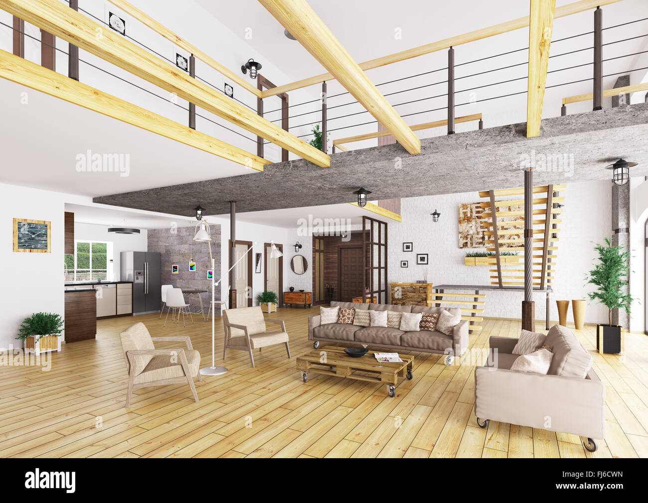 Loft Apartment Innenraum, Wohnzimmer, Flur, Küche, Treppenhaus, 3D-Rendering Stockfoto