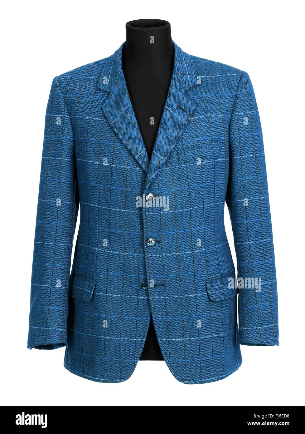 Stilvolle maßgeschneiderte blaue Jacke für einen Mann mit Karomuster auf eine halbe Schaufensterpuppe isoliert auf weiss angezeigt Stockfoto