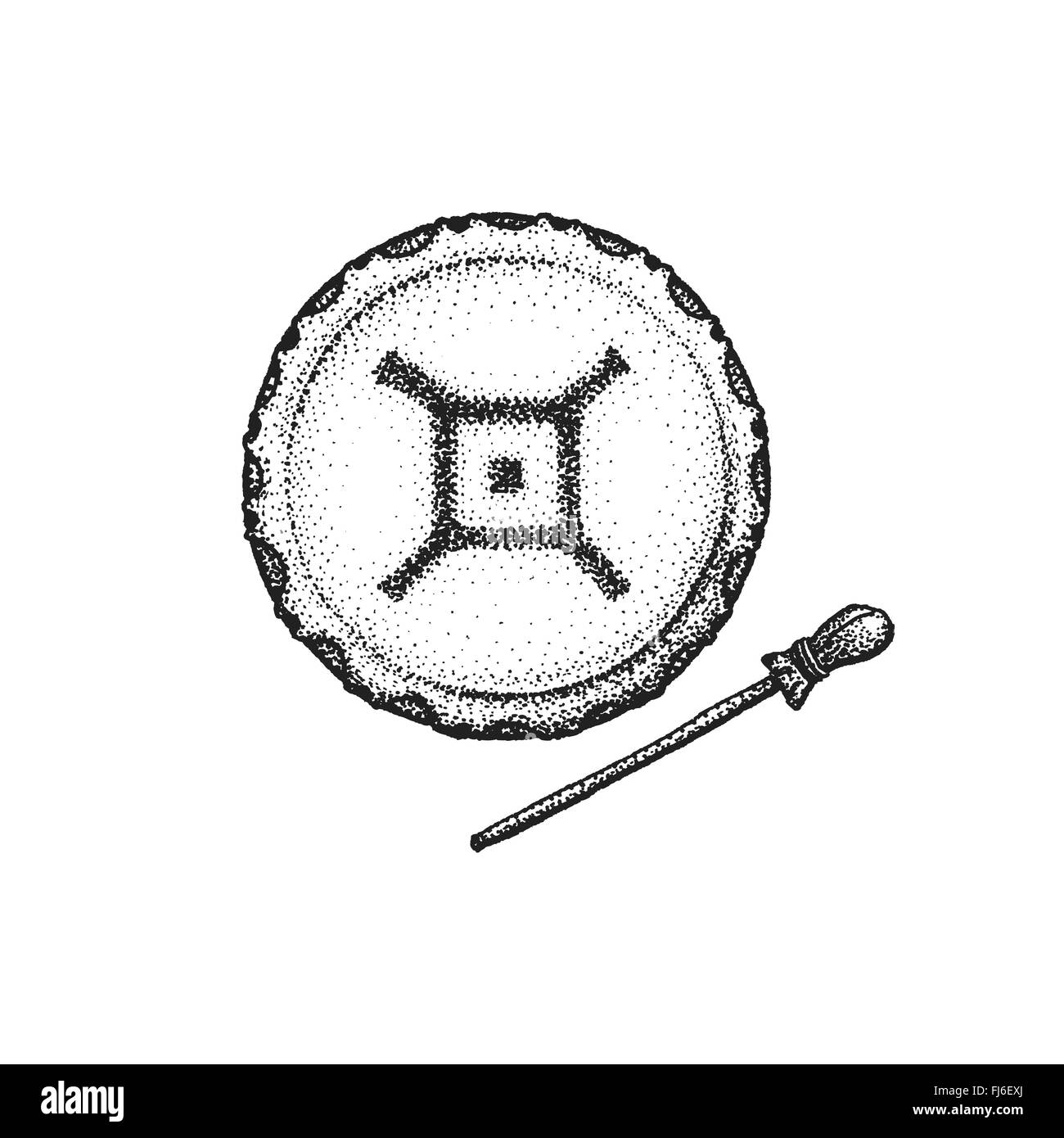 Vector schwarz Monochrome punktiert Kunst retro Tattoo Tiefdruck Stil indianischen Schamanen Tamburin Trommelstock Spinne ethnischen si Stock Vektor