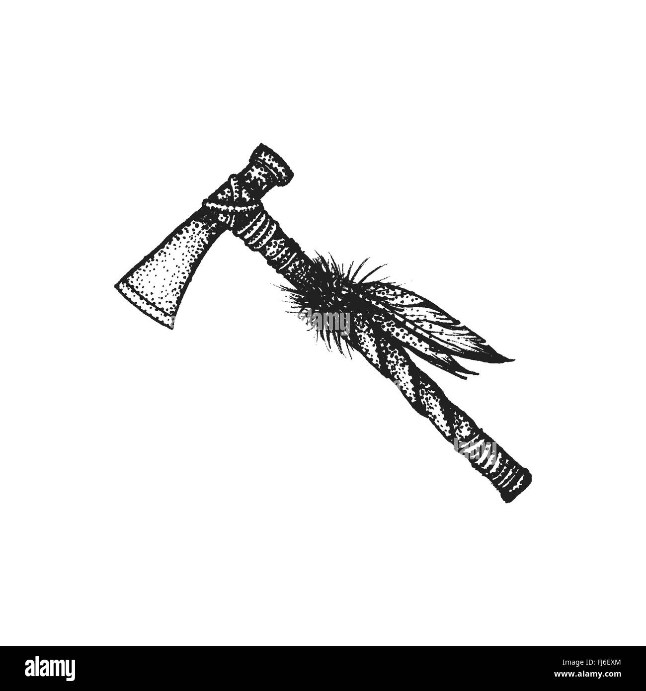 Vektor-schwarze Farbe schwarz-weiß gepunkteten Kunst retro Tattoo Tiefdruck Stil indianischen Kampf Axt Tomahawk isoliert dekorative elem Stock Vektor