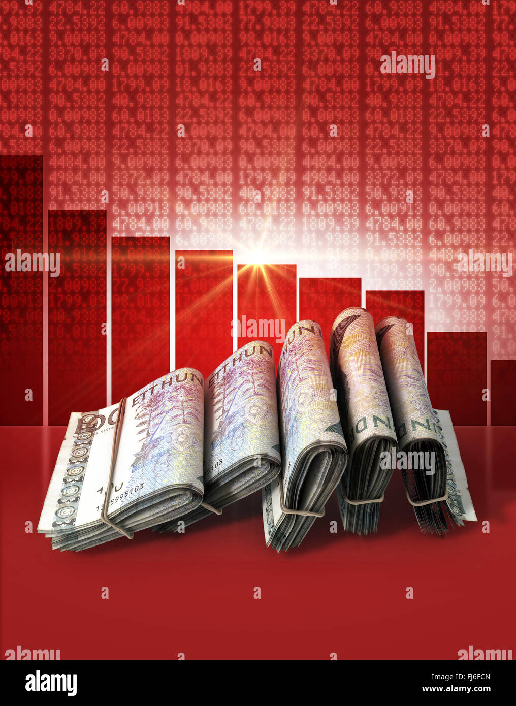 Bündel von gefalteten Stapel der schwedischen Krone-Banknoten auf einem roten digitale Börse Indikator Board Hintergrund mit einer abnehmenden rot Stockfoto